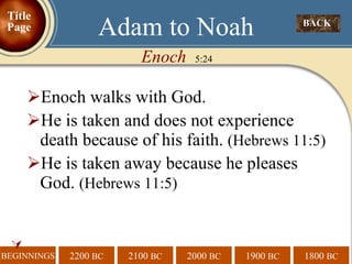 Enoch walks with God. He is taken and does not experience death because of his faith.  (Hebrews 11:5) He is taken away because he pleases God.  (Hebrews 11:5)  Enoch  5:24 Adam to Noah BACK  Title Page 