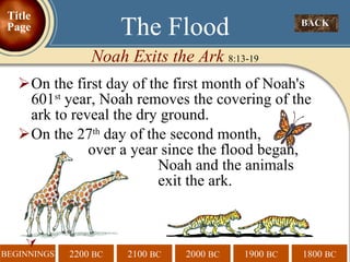 On the first day of the first month of Noah's 601 st  year, Noah removes the covering of the ark to reveal the dry ground. On the 27 th  day of the second month,    over a year since the flood began,  Noah and the animals  exit the ark.  The Flood Noah Exits the Ark  8:13-19 BACK  Title Page 