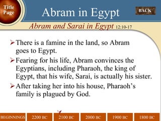 There is a famine in the land, so Abram    goes to Egypt. Fearing for his life, Abram convinces the Egyptians, including Pharaoh, the king of Egypt, that his wife, Sarai, is actually his sister. After taking her into his house, Pharaoh’s family is plagued by God.  BACK  Abram in Egypt Abram and Sarai in Egypt  12:10-17 Title Page 