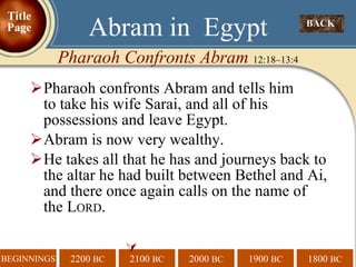 Pharaoh confronts Abram and tells him  to take his wife Sarai, and all of his possessions and leave Egypt. Abram is now very wealthy. He takes all that he has and journeys back to the altar he had built between Bethel and Ai, and there once again calls on the name of the L ORD .  BACK  Abram in  Egypt Pharaoh Confronts Abram  12:18–13:4 Title Page 
