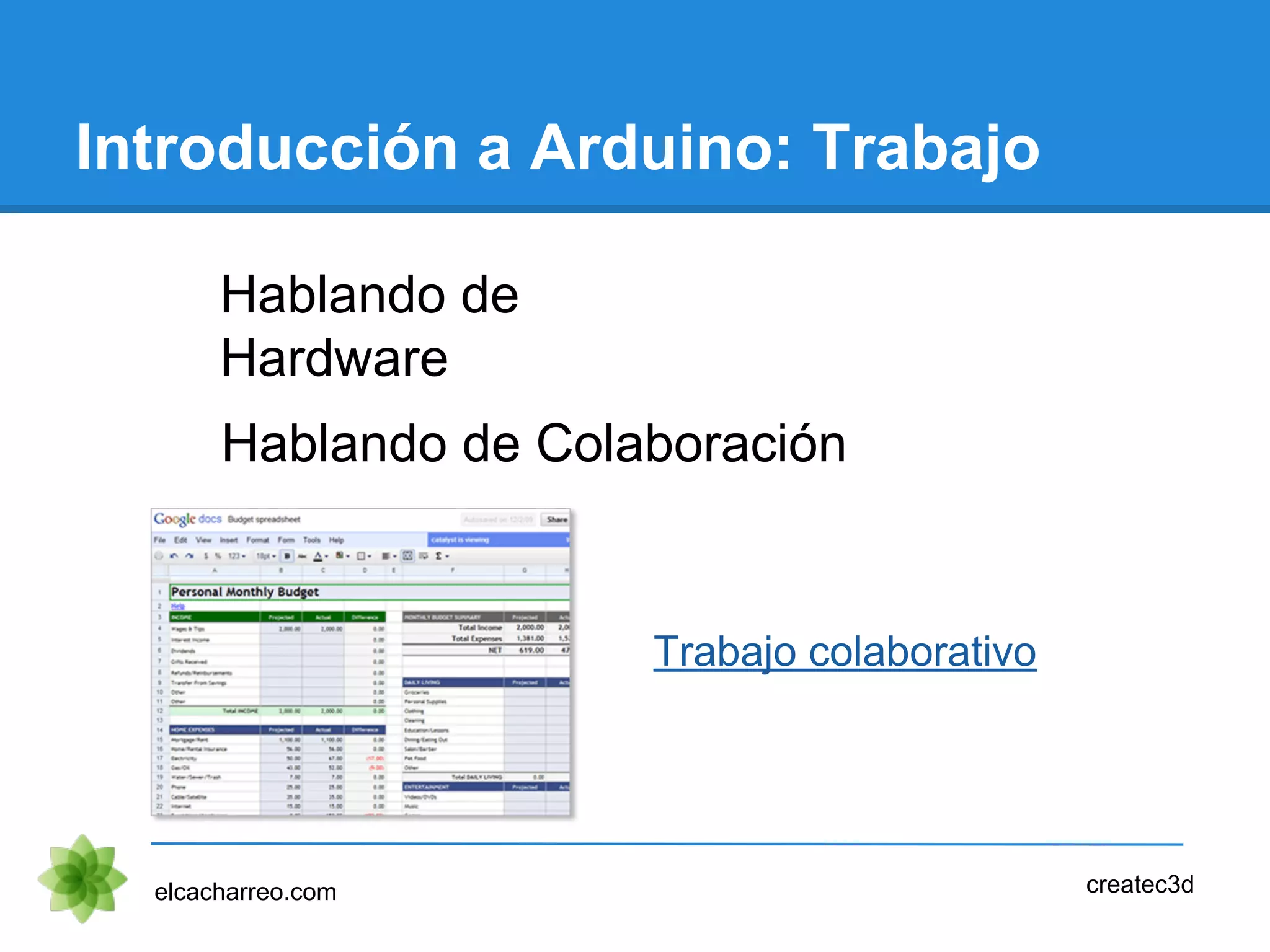 Introducción a Arduino: Trabajo
Hablando de
Hardware
elcacharreo.com createc3d
Trabajo colaborativo
Hablando de Colaboración
 
