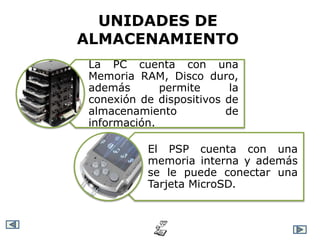 UNIDADES DE
ALMACENAMIENTO
 La PC cuenta con una
 Memoria RAM, Disco duro,
 además       permite      la
 conexión de dispositivos de
 almacenamiento           de
 información.

            El PSP cuenta con una
            memoria interna y además
            se le puede conectar una
            Tarjeta MicroSD.
 