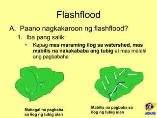 Flashflood Paano nagkakaroon ng flashflood? Iba pang salik: Kapag  mas maraming ilog sa watershed, mas mabilis na nakakababa ang tubig  at mas malaki ang pagbabaha Mabagal na pagbaba sa ilog ng tubig ulan Mabilis na pagbaba sa ilog ng tubig ulan 