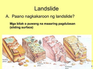 Landslide Paano nagkakaroon ng landslide? Mga bitak o puwang na maaaring pagdulasan (sliding surface) 