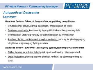 PC-Ware Norway – Konsepter og løsninger

Automatisert Datasenter
Løsninger:
 Kundens behov - fokus på besparelser, oppetid og compliance
 • Virutalisering: server,lagring, aplikasjon, presentasjon og klient
 • Business continuity: kontinuerlig tilgang til kritiske aplikasjoner og data
 • Tynnklienter: utstyr og verktøy for administrasjon av tynnklienter
 • Analyse, flytting, synkronisering og konvertering: verktøy for planlegging og
   utnyttelse, migrering og flytting av data
 Kundens behov - Sikkerhet ,backup og gjennoppretting av kritiske data
 • Sikker lagring av kritiske data: fysisk og virtuell lagring, tilgangskontroll
 • Data Protection: planlagt og ikke planlagt nedetid, og gjennoppretting av
   data

www.pc-ware.com
 