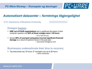 PC-Ware Norway – Konsepter og løsninger


Automatisert datasenter – forretnings tilgjengelighet




www.pc-ware.com
 