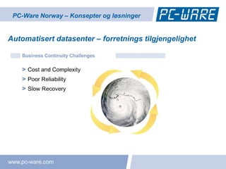 PC-Ware Norway – Konsepter og løsninger


Automatisert datasenter – forretnings tilgjengelighet




www.pc-ware.com
 