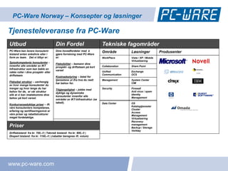 PC-Ware Norway – Konsepter og løsninger

Tjenesteleveranse fra PC-Ware
Utbud                                  Din Fordel                         Tekniske fagområder
PC-Ware kan levere konsulent-          Dine hovedfordeler med å           Område          Løsninger             Produsenter
bistand enten enkeltvis eller i        gjøre forretning med PC-Ware
form av team. Det vi tilbyr er:        er:                                WorkPlace       Vista / XP / Mobile
                                                                                          Virtualisering
Spisskompetente konsulenter -          Fleksibilitet – bemann dine
innenfor alle områder av IKT           prosjekt- og driftsteam på kort    Collaboration   Share Point
Infrastruktur som kan bekle en         varsel
rekke roller i dine prosjekt- eller                                       Unified         Exchange
driftsteam.                                                               Communication   OCS
                                       Kostnadsstyring – betal for
                                       tjenestene ut ifra hva du reelt    Management      System Center
Fleksibel struktur – uavhengig         har behov for.                                     CIM
av hvor mange konsulenter du
trenger og hvor lenge du har           Tilgjengelighet – jobbe med        Security        Firewall
behov for de, er vår struktur                                                             Anti virus / spam
                                       dyktige og dynamiske
slik at vi kan imøtekomme dine                                                            Identity
                                       konsulenter innenfor alle
behov på kort varsel.                                                                     Management
                                       områder av IKT-Infrastruktur (se
                                       tabell).                           Data Center     OS
Konkurransedyktige priser – ift.
                                                                                          Katalogtjenester
våre konsulenters kompetanse,
                                                                                          Cluster
erfaring og sertifiseringsnivå er
                                                                                          Access
våre priser og rabattstrukturer                                                           Management
meget fordelaktige.                                                                       Virtualisering
                                                                                          Recovery-
Priser                                                                                    management
                                                                                          Backup / Storage
                                                                                          Verktøy
Driftsbistand: fra kr. 700,-/t | Teknisk bistand: fra kr. 900,-/t |
Ekspert bistand: fra kr. 1100,-/t | (rabatter beregnes ift. volum)




www.pc-ware.com
 