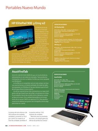 Portables Nuevo Mundo
40 | P C W O R L D E N E S P A N O L . C O M M A R Z O - A B R I L 2 0 1 3
HP ElitePad 900 y Envy x2
LA PROPUESTA DE
HP para el mercado
de las tabletas va más
dirigida al mundo cor-
porativo con la Elite-
Pad 900 y la Envy x2
son las propuestas
que ofrece HP. Por
un lado, la ElitePad se
presenta como el
caballo de batalla para los
negocios que requieren movil-
idad a un costo adecuado. Por otro lado, ten-
emos la Envy x2, que se identifica como “la PC portátil que
hace las veces de tableta”. Como es de esperarse de un pro-
ducto Envy, viene con opciones Premium como eats Audio by
Dr. Dre, una pantalla más grande con mejor resolución y una
estación de trabajo tipo laptop.
ESPECIFICACIONES
HP ElitePad 900
n Pantalla:1.280 x 800 - Corning Gorilla Glass 2
n Procesador: Intel Atom Z2760 1,8GHz
n RAM: 2GB
n Almacenamiento: 64GB expandible con microSD
n Sistema operativo: Windows 8 Pro
n Precio: US$630
Positivo: Diseño robusto y delgado. Kit de aplicaciones
de seguridad HP Client Security. Memoria expandible
Negativo: Precio. Procesador.
HP Envy x2
n Pantalla: LED retroiluminada 1.366 x 768 - Corning
Gorilla Glass 2
n Procesador: Intel Atom Z2760 1,8GHz
n RAM: 2GB
n Almacenamiento: 64GB expandible con microSD
n Sistema operativo: Windows 8 Pro
n Precio: US$850
Positivo: Integra Beats Audio. Estación de trabajo.
Memoria expandible.
Negativo: Precio. Procesador.
ESPECIFICACIONES
AsusVivoTab
n Pantalla: IPS 1.366 x 768
n Procesador: Intel Atom Z2760 1,8GHz
n RAM: 2GB
n Almacenamiento: 32GB expandible con microSD
n Sistema operativo: Windows 8
n Precio: US$450
Positivo: Buen precio. Gran duración de la batería.
Memoria expandible.
Sensor de la cámara.
Negativo:
Procesador.
No ofrece puerto
de tamaño
completo.
ASUS ES UNA DE ESAS MARCAS que, sin mucha fanfarria,
está presente en casi todos los mercados. Tiene productos
interesantes, tal como su tableta VivoTab, que viene equipada
con Windows 8.
La VivoTab es un competidor serio en este campo, con bue-
nas características y un diseño estilizado. De todas las table-
tas equipadas con Windows 8, hay que destacar que la VivoT-
ab es la que ofrece el menor precio.
Una de las características más interesantes es su tapa inteli-
gente, del tipo SmartCover de la iPad, y el esfuerzo en el dise-
ño es evidente. Esto le da un estilo único y llamativo cuando
se lleva en la mano. Otra cualidad destacable es la incorpo-
ración de un sensor CMOS con apertura F/2.2. Para aquellos
usuarios de tabletas que gustan de la fotografía, ésta es algo
para tomar en cuenta.
AsusVivoTab
trimestre del año anterior (de
29,9 millones de unidades
vendidas) y aumentó un 74,3
por ciento con respecto al
total de unidades vendidas el
trimestre anterior: 30,1
mi­llones de unidades.
“Menores precios promedio
de venta, una amplia gama de
ofertas de productos nuevos”
 