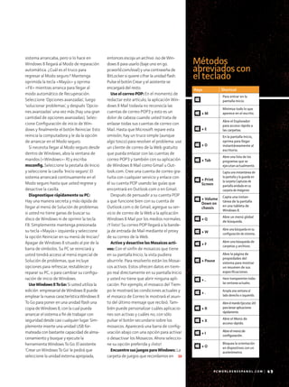 sistema arrancaba, pero si lo hace en
Windows 8 llegará al Modo de reparación
automática. ¿Cuál es el truco para
regresar al Modo seguro? Mantenga
oprimida la tecla Mayús y oprima
F8 mientras arranca para llegar al
modo automático de Recuperación.
Seleccione 'Opciones avanzadas', luego
'solucionar problemas', y después ‘Opcio-
nes avanzadas’ una vez más (hay una gran
cantidad de opciones avanzadas). Selec-
cione Configuración de inicio de Win-
dows y finalmente el botón Reiniciar. Esto
reinicia la computadora y le da la opción
de arrancar en el Modo seguro.
Si necesita llegar al Modo seguro desde
dentro de Windows, abra la ventana de
mandos (Windows- R) y escriba
msconfig. Seleccione la pestaña de Inicio
y seleccione la casilla 'Inicio seguro'. El
sistema arrancará continuamente en el
Modo seguro hasta que usted regrese y
desactive la casilla.
Diagnostique rápidamente su PC:
Hay una manera secreta y más rápida de
llegar al menú de Solución de problemas
si usted no tiene ganas de buscar su
disco de Windows ni de oprimir la tecla
F8. Simplemente mantenga presionada
su tecla Mayús izquierda y seleccione
la opción Reiniciar en su menú de Iniciar/
Apagar de Windows 8 situado al pie de la
barra de símbolos. Su PC se reiniciará y
usted tendrá acceso al menú especial de
Solución de problemas, que incluye
opciones para refrescar, restablecer y
reparar su PC, o para cambiar su configu-
ración de inicio de Windows.
UseWindows8ToGo:Si usted utiliza la
edición empresarial de Windows 8 puede
emplear la nueva característica Windows 8
To Go para poner en una unidad flash una
copia de Windows 8, con la cual pueda
arrancar el sistema a fin de trabajar con
seguridad desde casi cualquier lugar. Sim-
plemente inserte una unidad USB for-
mateada con bastante capacidad de alma-
cenamiento y busque y ejecute la
herramienta Windows To Go. El asistente
'Crear un Windows To Go' le pedirá que
seleccione la unidad externa apropiada,
entonces escoja un archivo .iso de Win-
dows 8 para usarlo (baje uno en go.
pcworld.com/eval) y una contraseña de
BitLocker si quiere cifrar la unidad flash.
Pulse el botón Crear y el asistente se
encargará del resto.
Use el correo POP: En el momento de
redactar este artículo, la aplicación Win-
dows 8 Mail todavía no reconocía las
cuentas de correo POP3 y esto es un
dolor de cabeza cuando usted trata de
enlazar todas sus cuentas de correo con
Mail. Hasta que Microsoft repare esta
omisión, hay un truco simple (aunque
algo tosco) para resolver el problema: use
un cliente de correo de la Web gratuito
que pueda enlazar con las cuentas de
correo POP3 y también con su aplicación
de Windows 8 Mail como Gmail u Out-
look.com. Cree una cuenta de correo gra-
tuita con cualquier servicio y enlace con
él su cuenta POP usando las guías que
encontrará en Outlook.com o en Gmail.
Después de persuadir a su cuenta POP
a que funcione bien con su cuenta de
Outlook.com o de Gmail, agregue su ser-
vicio de correo de la Web a la aplicación
Windows 8 Mail por los medios normales.
¡Y listo! Su correo POP llegará a la bande-
ja de entrada de Mail mediante el proxy
de su correo de la Web.
Active y desactive los Mosaicos acti­
vos: Con el sinfín de mosaicos que tiene
en su pantalla Inicio, la vista pudiera
aburrirle. Para resolverlo están los Mosai-
cos activos. Estos ofrecen datos en tiem-
po real directamente en su pantalla Inicio
y usted no tiene que abrir ninguna apli-
cación. Por ejemplo, el mosaico del Tiem-
po le mostrará las condiciones actuales y
el mosaico de Correo le mostrará el asun-
to del último mensaje que recibió. Tam-
bién puede personalizar cuáles aplicacio-
nes son activas y cuáles no, con sólo
pulsar el botón secundario sobre los
mosaicos. Aparecerá una barra de config-
uración abajo con una opción para activar
o desactivar los Mosaicos. Ahora seleccio­
ne su opción preferida y ¡listo!
EncuentresusjuegosparaWindows: La
carpeta de juegos que recordamos en
Keys Shortcut
Para entrar en la
pantalla Inicio.
Minimza todo lo que
aperece en el escrito.
Abre el Explorador
para acceso rápido a
las carpetas.
En la pantalla Inicio,
oprima para llegar
instantáneamente al
escritorio.
Abre una lista de los
programas que se
ejecutan actualmente.
Capta una instantánea de
la pantalla y la guarda en
la carpeta Capturas de
pantalla anidada en su
carpeta de Imágenes
Capta una instan-
tánea de la pantalla
en una tableta de
Windows 8.
Abre un menú global
de búsqueda.
Abre una búsqueda en su
configuración de sistema.
Abre una búsqueda de
carpetas y archivos.
Abre la página de
propiedades del
sistema para mostrar
un resumen de sus
especificaciones.
Hace transparentes todas
las ventanas actuales.
Acopla una ventana al
lado derecho o izquierdo.
AbreelmandoEjecutar,útil
paralanzaraplicaciones
rápidamente.
Abre el Menú de
acceso rápido.
Abreelmenúde
configuración.
Bloquea la orientación
en dispositivos con un
acelerómetro.
+ M
+ E
+ D
+ Q
+ W
+ F
+ Pause
+ ,
+ .
+ R
+ X
+ I
+ O
+ Tab
+ Print
Screen
+ Volume
Down on
chassis
Métodos
abreviados con
el teclado
P C W O R L D E N E S P A N O L . C O M | 49
 