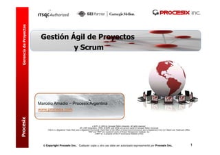 Gerencia
de
Proyectos



 Copyright Procesix Inc. Cualquier copia u otro uso debe ser autorizado expresamente por Procesix Inc.
Procesix
1
1
e-SCM © 2006 by Carnegie Mellon University. All rights reserved.
SM: CMM Integration, CMMI, SCAMPI, and IDEAL are service marks of Carnegie Mellon University
ITIL® is a Registered Trade Mark, and a Registered Community Trade Mark of the Office of Government Commerce, and is Registered in the U.S. Patent and Trademark Office.
“PMI” and “PMP” are registered marks of Project Management Institute, Inc.
COBIT 4.1 is property of the IT Governance Institute (ITGI)
Marcelo Amadio – Procesix Argentina
www.procesix.com
 