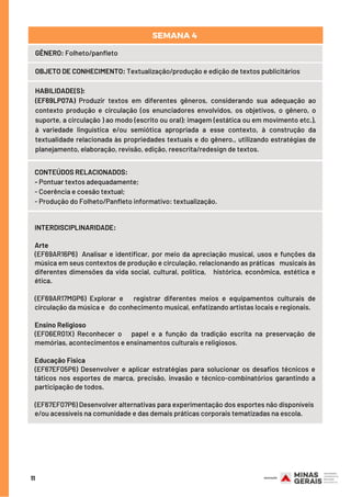 11
GÊNERO: Folheto/panfleto
OBJETO DE CONHECIMENTO: Textualização/produção e edição de textos publicitários
HABILIDADE(S):
(EF69LP07A) Produzir textos em diferentes gêneros, considerando sua adequação ao
contexto produção e circulação (os enunciadores envolvidos, os objetivos, o gênero, o
suporte, a circulação ) ao modo (escrito ou oral); imagem (estática ou em movimento etc.),
à variedade linguística e/ou semiótica apropriada a esse contexto, à construção da
textualidade relacionada às propriedades textuais e do gênero., utilizando estratégias de
planejamento, elaboração, revisão, edição, reescrita/redesign de textos.
CONTEÚDOS RELACIONADOS:
- Pontuar textos adequadamente;                                                                                                                      
- Coerência e coesão textual;                                          
- Produção do Folheto/Panfleto informativo: textualização.
SEMANA 4 
INTERDISCIPLINARIDADE:
Arte
(EF69AR16P6) Analisar e identificar, por meio da apreciação musical, usos e funções da
música em seus contextos de produção e circulação, relacionando as práticas musicais às
diferentes dimensões da vida social, cultural, política, histórica, econômica, estética e
ética.
(EF69AR17MGP6) Explorar e registrar diferentes meios e equipamentos culturais de
circulação da música e do conhecimento musical, enfatizando artistas locais e regionais.
Ensino Religioso
(EF06ER01X) Reconhecer o papel e a função da tradição escrita na preservação de
memórias, acontecimentos e ensinamentos culturais e religiosos.
Educação Física
(EF67EF05P6) Desenvolver e aplicar estratégias para solucionar os desafios técnicos e
táticos nos esportes de marca, precisão, invasão e técnico-combinatórios garantindo a
participação de todos.
(EF67EF07P6) Desenvolver alternativas para experimentação dos esportes não disponíveis
e/ou acessíveis na comunidade e das demais práticas corporais tematizadas na escola.
 
