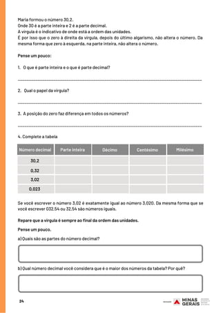 Maria formou o número 30,2.
Onde 30 é a parte inteira e 2 é a parte decimal.
A vírgula é o indicativo de onde está a ordem das unidades.
É por isso que o zero à direita da vírgula, depois do último algarismo, não altera o número. Da
mesma forma que zero à esquerda, na parte inteira, não altera o número.
Pense um pouco:
1.   O que é parte inteira e o que é parte decimal?
___________________________________________________________________________________
2.   Qual o papel da vírgula?
___________________________________________________________________________________
3.  A posição do zero faz diferença em todos os números?
___________________________________________________________________________________
4. Complete a tabela
24
SEMANA 3 
0,61
30,2
0,32
Número decimal 0,61Parte inteira 0,61Décimo 0,61Centésimo 0,61Milésimo
3,02
0,023
Se você escrever o número 3,02 é exatamente igual ao número 3,020. Da mesma forma que se
você escrever 032,54 ou 32,54 são números iguais.
Repare que a vírgula é sempre ao final da ordem das unidades.
Pense um pouco.
 
a) Quais são as partes do número decimal?
b) Qual número decimal você considera que é o maior dos números da tabela? Por quê?
 