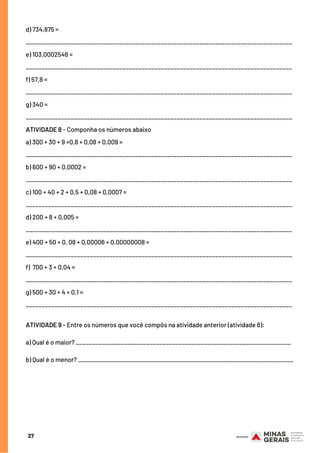 d) 734,875 =
 
___________________________________________________________________________________
e) 103,0002546 =
 
___________________________________________________________________________________
 
f) 57,8 =
 
___________________________________________________________________________________
 
g) 340 =
 
___________________________________________________________________________________
ATIVIDADE 8 - Componha os números abaixo
 
a) 300 + 30 + 9 +0,8 + 0,08 + 0,009 =
___________________________________________________________________________________
b) 600 + 90 + 0,0002 =
___________________________________________________________________________________
c) 100 + 40 + 2 + 0,5 + 0,08 + 0,0007 =
___________________________________________________________________________________
d) 200 + 8 + 0,005 =
___________________________________________________________________________________
e) 400 + 50 + 0, 08 + 0,00006 + 0,00000008 =
___________________________________________________________________________________
f)  700 + 3 + 0,04 =
___________________________________________________________________________________
g) 500 + 30 + 4 + 0,1 =
___________________________________________________________________________________
ATIVIDADE 9 - Entre os números que você compôs na atividade anterior (atividade 8):
 
a) Qual é o maior? ___________________________________________________________________
 
b) Qual é o menor? ___________________________________________________________________
27
 