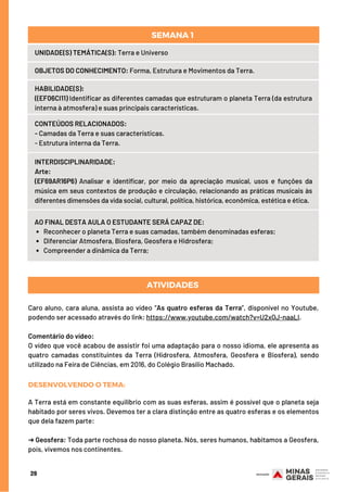 Reconhecer o planeta Terra e suas camadas, também denominadas esferas;
Diferenciar Atmosfera, Biosfera, Geosfera e Hidrosfera;
Compreender a dinâmica da Terra;
AO FINAL DESTA AULA O ESTUDANTE SERÁ CAPAZ DE:
UNIDADE(S) TEMÁTICA(S): Terra e Universo
OBJETOS DO CONHECIMENTO: Forma, Estrutura e Movimentos da Terra.
HABILIDADE(S):
((EF06CI11) Identificar as diferentes camadas que estruturam o planeta Terra (da estrutura
interna à atmosfera) e suas principais características.
CONTEÚDOS RELACIONADOS:
- Camadas da Terra e suas características.
- Estrutura interna da Terra.
SEMANA 1 
29
Caro aluno, cara aluna, assista ao vídeo “As quatro esferas da Terra”, disponível no Youtube,
podendo ser acessado através do link: https://www.youtube.com/watch?v=U2xQJ-naaLI.
 
Comentário do vídeo:
O vídeo que você acabou de assistir foi uma adaptação para o nosso idioma, ele apresenta as
quatro camadas constituintes da Terra (Hidrosfera, Atmosfera, Geosfera e Biosfera), sendo
utilizado na Feira de Ciências, em 2016, do Colégio Brasílio Machado.
ATIVIDADES
INTERDISCIPLINARIDADE:
Arte:
(EF69AR16P6) Analisar e identificar, por meio da apreciação musical, usos e funções da
música em seus contextos de produção e circulação, relacionando as práticas musicais às
diferentes dimensões da vida social, cultural, política, histórica, econômica, estética e ética.
DESENVOLVENDO O TEMA:
A Terra está em constante equilíbrio com as suas esferas, assim é possível que o planeta seja
habitado por seres vivos. Devemos ter a clara distinção entre as quatro esferas e os elementos
que dela fazem parte:
➔ Geosfera: Toda parte rochosa do nosso planeta. Nós, seres humanos, habitamos a Geosfera,
pois, vivemos nos continentes.
 