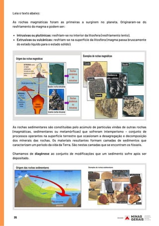 Intrusivas ou plutônicas: resfriam-se no interior da litosfera (resfriamento lento).
Extrusivas ou vulcânicas: resfriam-se na superfície da litosfera (magma passa bruscamente
do estado líquido para o estado sólido).
Leia o texto abaixo:
As rochas magmáticas foram as primeiras a surgirem no planeta. Originaram-se do
resfriamento do magma e podem ser:
  
As rochas sedimentares são constituídas pelo acúmulo de partículas vindas de outras rochas
(magmáticas, sedimentares ou metamórficas) que sofreram intemperismo – conjunto de
processos operantes na superfície terrestre que ocasionam a desagregação e decomposição
dos minerais das rochas. Os materiais resultantes formam camadas de sedimentos que
caracterizam um período da vida da Terra. São nestas camadas que se encontram os fósseis.
Chamamos de diagênese ao conjunto de modificações que um sedimento sofre após ser
depositado.
35
 