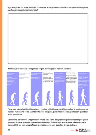 Agora registre, no espaço abaixo, como você acha que era o cotidiano das pessoas/indígenas
que fizeram os registros históricos?
68
ATIVIDADE 2 - Observe a imagem da origem e evolução do homem na Terra.
Faça uma pesquisa identificando as  teorias e  hipóteses científicas sobre o surgimento da
espécie humana na Terra. Guarde esta essa pesquisa, para mostrar ao seu professor, quando as
aulas retornarem.
 
Caro aluno, cara aluna! Chegamos ao fim de uma trilha de aprendizagens composta por quatro
semanas. Espero que você tenha aprendido muito. Guarde suas anotações e atividades para
compartilhá-las com seu professor e colegas no retorno às aulas. Até a próxima...
 