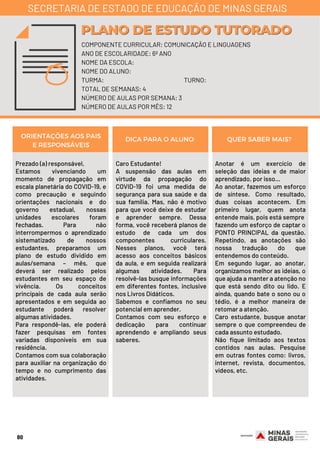 Prezado (a) responsável,
Estamos vivenciando um
momento de propagação em
escala planetária do COVID-19, e
como precaução e seguindo
orientações nacionais e do
governo estadual, nossas
unidades escolares foram
fechadas. Para não
interrompermos o aprendizado
sistematizado de nossos
estudantes, preparamos um
plano de estudo dividido em
aulas/semana – mês, que
deverá ser realizado pelos
estudantes em seu espaço de
vivência. Os conceitos
principais de cada aula serão
apresentados e em seguida ao
estudante poderá resolver
algumas atividades.
Para respondê-las, ele poderá
fazer pesquisas em fontes
variadas disponíveis em sua
residência.
Contamos com sua colaboração
para auxiliar na organização do
tempo e no cumprimento das
atividades.
Caro Estudante! 
A suspensão das aulas em
virtude da propagação do
COVID-19 foi uma medida de
segurança para sua saúde e da
sua família. Mas, não é motivo
para que você deixe de estudar
e aprender sempre. Dessa
forma, você receberá planos de
estudo de cada um dos
componentes curriculares.
Nesses planos, você terá
acesso aos conceitos básicos
da aula, e em seguida realizará
algumas atividades. Para
resolvê-las busque informações
em diferentes fontes, inclusive
nos Livros Didáticos.
Sabemos e confiamos no seu
potencial em aprender.
Contamos com seu esforço e
dedicação para continuar
aprendendo e ampliando seus
saberes.
Anotar é um exercício de
seleção das ideias e de maior
aprendizado, por isso...
Ao anotar, fazemos um esforço
de síntese. Como resultado,
duas coisas acontecem. Em
primeiro lugar, quem anota
entende mais, pois está sempre
fazendo um esforço de captar o
PONTO PRINCIPAL da questão.
Repetindo, as anotações são
nossa tradução do que
entendemos do conteúdo.
Em segundo lugar, ao anotar,
organizamos melhor as ideias, o
que ajuda a manter a atenção no
que está sendo dito ou lido. E
ainda, quando bate o sono ou o
tédio, é a melhor maneira de
retomar a atenção.
Caro estudante, busque anotar
sempre o que compreendeu de
cada assunto estudado.
Não fique limitado aos textos
contidos nas aulas. Pesquise
em outras fontes como: livros,
internet, revista, documentos,
vídeos, etc.
ORIENTAÇÕES AOS PAIS
E RESPONSÁVEIS
DICA PARA O ALUNO QUER SABER MAIS?
80
COMPONENTE CURRICULAR: COMUNICAÇÃO E LINGUAGENS
ANO DE ESCOLARIDADE: 6º ANO
NOME DA ESCOLA:
NOME DO ALUNO:
TURMA: TURNO:
TOTAL DE SEMANAS: 4
NÚMERO DE AULAS POR SEMANA: 3
NÚMERO DE AULAS POR MÊS: 12
PLANO DE ESTUDO TUTORADOPLANO DE ESTUDO TUTORADO
SECRETARIA DE ESTADO DE EDUCAÇÃO DE MINAS GERAIS
 