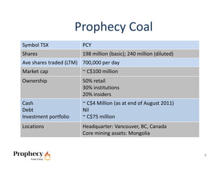Prophecy Coal
Symbol TSX              PCY
Shares                  198 million (basic); 240 million (diluted)
Ave shares traded (LTM) 700,000 per day
Market cap              ~ C$100 million
Ownership               50% retail
                        30% institutions
                        20% insiders
Cash                    ~ C$4 Million (as at end of August 2011)
Debt                    Nil
Investment portfolio    ~ C$75 million
Locations               Headquarter: Vancouver, BC, Canada
                        Core mining assets: Mongolia


                                                                     8
 