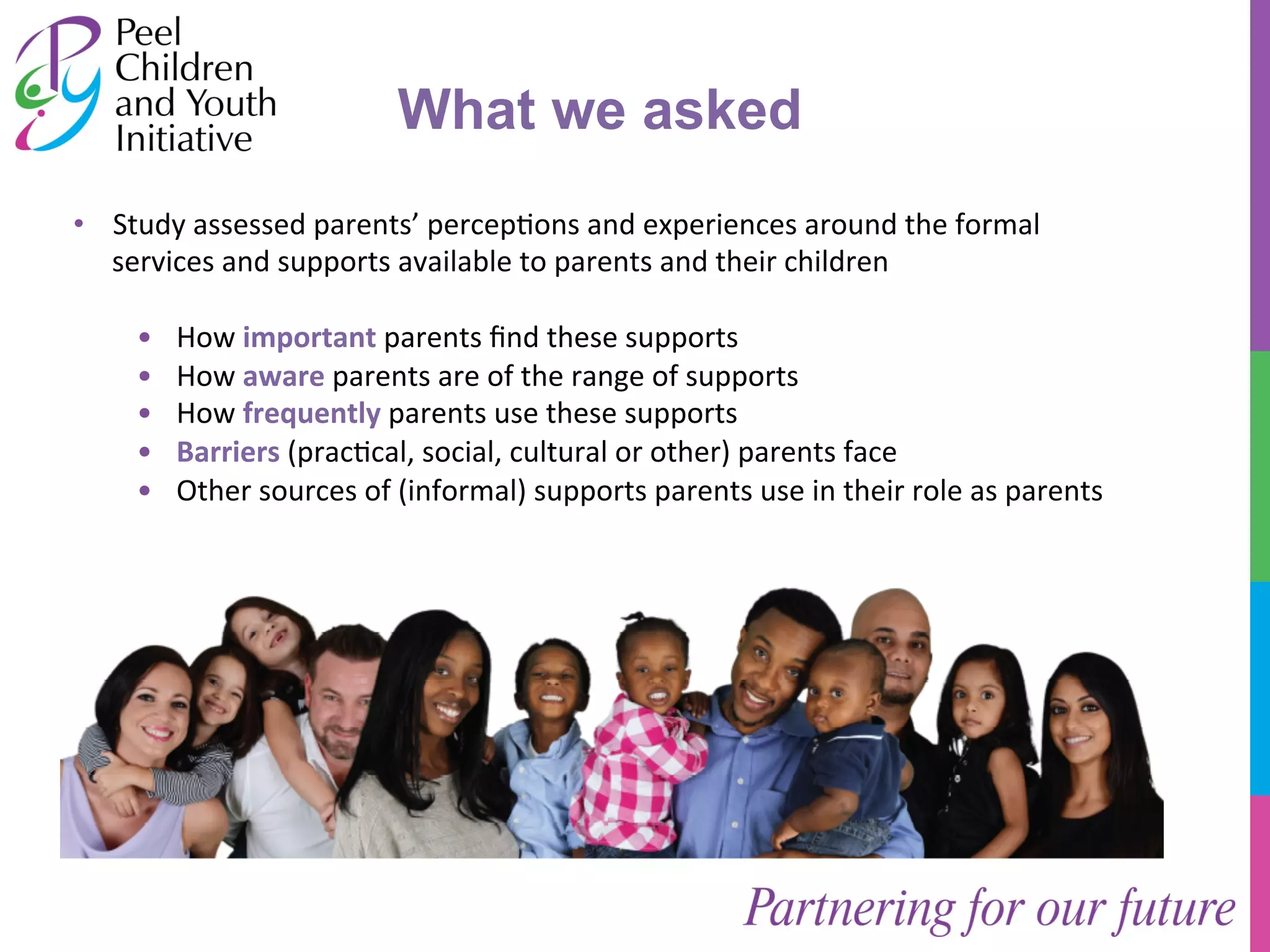 What we asked 
• Study 
assessed 
parents’ 
percep/ons 
and 
experiences 
around 
the 
formal 
services 
and 
supports 
available 
to 
parents 
and 
their 
children 
• How 
important 
parents 
find 
these 
supports 
• How 
aware 
parents 
are 
of 
the 
range 
of 
supports 
• How 
frequently 
parents 
use 
these 
supports 
• Barriers 
(prac/cal, 
social, 
cultural 
or 
other) 
parents 
face 
• Other 
sources 
of 
(informal) 
supports 
parents 
use 
in 
their 
role 
as 
parents 
 