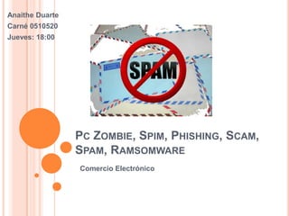 PcZombie, Spim, Phishing, Scam, Spam, Ramsomware Anaithe Duarte Carné 0510520 Jueves: 18:00  Comercio Electrónico  