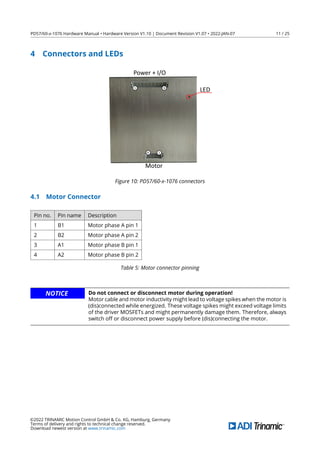PD57/60-x-1076 Hardware Manual • Hardware Version V1.10 | Document Revision V1.07 • 2022-JAN-07 11 / 25
4 Connectors and LEDs
Motor
Power + I/O
1
4
1 9
LED
Figure 10: PD57/60-x-1076 connectors
4.1 Motor Connector
Pin no. Pin name Description
1 B1 Motor phase A pin 1
2 B2 Motor phase A pin 2
3 A1 Motor phase B pin 1
4 A2 Motor phase B pin 2
Table 5: Motor connector pinning
NOTICE Do not connect or disconnect motor during operation!
Motor cable and motor inductivity might lead to voltage spikes when the motor is
(dis)connected while energized. These voltage spikes might exceed voltage limits
of the driver MOSFETs and might permanently damage them. Therefore, always
switch off or disconnect power supply before (dis)connecting the motor.
©2022 TRINAMIC Motion Control GmbH & Co. KG, Hamburg, Germany
Terms of delivery and rights to technical change reserved.
Download newest version at www.trinamic.com
 