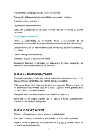 Representación del propio cuerpo y del de los demás.
Adecuación de la postura a las necesidades expresivas y motrices.
Equilibrio estático y dinámico
Organización espacio-temporal.
Valoración y aceptación de la propia realidad corporal y de la de las demás
personas.
HABILIDADES MOTRICES
Formas y posibilidades del movimiento. Ajuste y consolidación de los
elementos fundamentales en la ejecución de las habilidades motrices básicas.
Utilización eficaz de las habilidades básicas en medios y situaciones estables y
conocidas.
Control motor y dominio corporal.
Interés por mejorar la competencia motriz.
Disposición favorable a participar en actividades diversas, aceptando las
diferencias individuales en el nivel de habilidad

BLOQUE II: ACTIVIDAD FÍSICA Y SALUD
Adquisición de hábitos posturales y alimentarios saludables relacionados con la
actividad física y consolidación de hábitos de higiene corporal.
Relación de la actividad física con la salud y el bienestar. Reconocimiento de
los beneficios de la actividad física en la salud. Mejora de forma genérica de la
condición física orientada a la salud.
Actitud favorable hacia la actividad física con relación a la salud.
Seguridad en la propia práctica de la actividad física. Calentamiento,
dosificación del esfuerzo y relajación.

BLOQUE III: JUEGO Y DEPORTE
El juego y el deporte como elementos de la realidad social.
Participación en juegos e iniciación a la práctica de actividades deportivas.
Respeto hacia las personas que participan en el juego y rechazo hacia los
comportamientos antisociales.
13

 