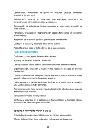 Coordinación, aumentando el grado de dificultad (nuevos elementos,
obstáculos, tiempo, etc.)
Estructuración espacial, en situaciones más complejas, respecto a los
mecanismos de percepción, decisión y ejecución).
Combinación de estructuras rítmicas conocidas y, sobre ellas, invención de
otras nuevas.
Percepción, organización y representación espacio-temporales en situaciones
reales de juego.
Aceptación de la realidad corporal: posibilidades y limitaciones.
Gusto por el cuidado y desarrollo de su propio cuerpo.
Actitud favorable hacia el éxito a través de la autoconfianza.
HABILIDADES MOTRICES
Cualidades, formas y posibilidades del movimiento.
Aptitud y habilidad en entornos cambiantes.
Las capacidades físicas básicas como condicionantes de las habilidades.
Experimentación, utilización y mejora de las habilidades básicas en entornos
cambiantes.
Control y dominio motor y corporal previos a la acción motora, prestando mayor
atención a los mecanismos de decisión y control.
Utilización correcta de las habilidades básicas en el medio natural, acuático.
Etc. Mostrando seguridad y confianza.
Acondicionamiento físico general, tratado globalmente, atendiendo en especial
a la velocidad de reacción.
Valoración del trabajo motor personal.
Confianza y seguridad en la aplicación de las habilidades y destrezas básicas
en situaciones y entornos poco habituales.

BLOQUE II: ACTIVIDAD FÍSICA Y SALUD
El cuidado del cuerpo: sistematización de las normas ya conocidas.
Efectos de la actividad física en la salud y el mantenimiento corporal.

21

 