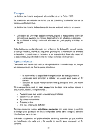 Tiempos
La distribución horaria se ajustará a lo establecido en la Orden 2008
Se adecuarán los horarios de forma que se posibilite y cuando el uso de los
espacios esté disponible.
La distribución horaria de las clases del área se realizará teniendo en cuenta:

Dedicación de un tiempo específico mensual para el trabajo sobre expresión
corporal para ayudar a los niños a desenvolverse en situaciones sociales.
Se equilibrará el trabajo individual, el trabajo en gran grupo y el trabajo en
equipo.
Esta distribución contará también con el tiempo de dedicación para el trabajo,
el trabajo colectivo, individual, pequeños grupos para la realización de diversas
actividades, competiciones o deportes. Y se potenciará el desarrollo personal,
la sociabilidad, deportividad dentro del tiempo inmerso en el ejercicio

Agrupamientos
Dentro del aula se utilizará tanto el trabajo individual como el trabajo en parejas
y/o pequeño grupo, de forma que se adquieran:

la autonomía y la capacidad de organización del trabajo personal
estrategias para aprender a trabajar en equipo para lograr un fin
común.
actitudes de ayuda y cooperación entre iguales para tener una mayor
eficacia.
Otro agrupamiento será en gran grupo toda la clase para realizar talleres o
excursiones, teatros, competiciones…
Ayudaremos a que sepan organizarse entre todos
Sacar cosas en común
Ayudarse mutuamente
Trabajar juntos
Y lo más importante disfrutar
También podemos realizar actividades conjuntas con otras clases o con todo
el colegio para participar en unas olimpiadas contra otros colegios, celebrar
días festivos, excursiones…
El trabajo cooperativo en grupos siempre será muy evaluado, ya que potencia
las habilidades de cada uno y la puesta en común para conseguir un fin
conjunto.
30

 