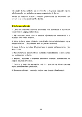 Integración de las calidades del movimiento en la propia ejecución motora,
relacionándolas con actitudes, sensaciones y estados de ánimo.
Interés por descubrir nuevas y mejores posibilidades de movimiento que
ayuden en la comunicación con los demás.

Criterios de evaluación
1. Utiliza las diferentes nociones espaciales para estructurar el espacio en
situaciones de juego y predeportivas.
2. Reconoce esquemas rítmicos sencillos, ajustando sus movimientos a la
música u otros ritmos externos.
3. Utiliza de forma eficaz, diferentes posibilidades de movimiento (saltos, giros,
desplazamientos...) adaptándolas a las exigencias de la tarea.
4. Aplica de forma correcta a diferentes tipos de juegos, los lanzamientos y las
recepciones.
5. Ha incrementado globalmente las cualidades físicas básicas, en consonancia
con su desarrollo evolutivo.
6. Expresa, interpreta y escenifica situaciones diversas, acrecentando los
propios recursos corporales.
7. Controla y ajusta la respiración y el tono muscular en situaciones que
impliquen movimientos y relajación.
8. Reconoce actitudes y conductas nocivas para el desarrollo y la salud.

23

 