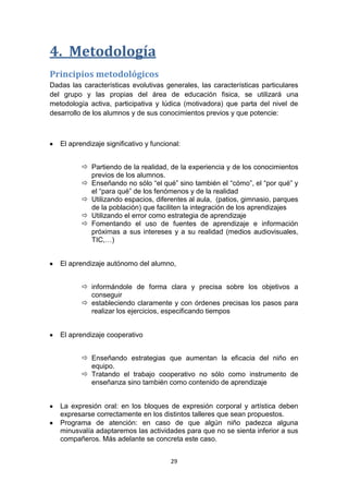 4. Metodología
Principios metodológicos
Dadas las características evolutivas generales, las características particulares
del grupo y las propias del área de educación fisica, se utilizará una
metodología activa, participativa y lúdica (motivadora) que parta del nivel de
desarrollo de los alumnos y de sus conocimientos previos y que potencie:

El aprendizaje significativo y funcional:
 Partiendo de la realidad, de la experiencia y de los conocimientos
previos de los alumnos.
 Enseñando no sólo “el qué” sino también el “cómo”, el “por qué” y
el “para qué” de los fenómenos y de la realidad
 Utilizando espacios, diferentes al aula, (patios, gimnasio, parques
de la población) que faciliten la integración de los aprendizajes
 Utilizando el error como estrategia de aprendizaje
 Fomentando el uso de fuentes de aprendizaje e información
próximas a sus intereses y a su realidad (medios audiovisuales,
TIC,…)
El aprendizaje autónomo del alumno,
 informándole de forma clara y precisa sobre los objetivos a
conseguir
 estableciendo claramente y con órdenes precisas los pasos para
realizar los ejercicios, especificando tiempos
El aprendizaje cooperativo
 Enseñando estrategias que aumentan la eficacia del niño en
equipo.
 Tratando el trabajo cooperativo no sólo como instrumento de
enseñanza sino también como contenido de aprendizaje
La expresión oral: en los bloques de expresión corporal y artística deben
expresarse correctamente en los distintos talleres que sean propuestos.
Programa de atención: en caso de que algún niño padezca alguna
minusvalía adaptaremos las actividades para que no se sienta inferior a sus
compañeros. Más adelante se concreta este caso.
29

 