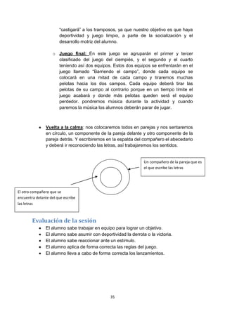 “castigará” a los tramposos, ya que nuestro objetivo es que haya
deportividad y juego limpio, a parte de la socialización y el
desarrollo motriz del alumno.
o Juego final: En este juego se agruparán el primer y tercer
clasificado del juego del ciempiés, y el segundo y el cuarto
teniendo así dos equipos. Estos dos equipos se enfrentarán en el
juego llamado “Barriendo el campo”, donde cada equipo se
colocará en una mitad de cada campo y tiraremos muchas
pelotas hacia los dos campos. Cada equipo deberá tirar las
pelotas de su campo al contrario porque en un tiempo límite el
juego acabará y donde más pelotas queden será el equipo
perdedor. pondremos música durante la actividad y cuando
paremos la música los alumnos deberán parar de jugar.

Vuelta a la calma: nos colocaremos todos en parejas y nos sentaremos
en círculo, un componente de la pareja delante y otro componente de la
pareja detrás. Y escribiremos en la espalda del compañero el abecedario
y deberá ir reconociendo las letras, así trabajaremos los sentidos.

Un compañero de la pareja que es
el que escribe las letras

El otro compañero que se
encuentra delante del que escribe
las letras

Evaluación de la sesión
El alumno sabe trabajar en equipo para lograr un objetivo.
El alumno sabe asumir con deportividad la derrota o la victoria.
El alumno sabe reaccionar ante un estímulo.
El alumno aplica de forma correcta las reglas del juego.
El alumno lleva a cabo de forma correcta los lanzamientos.

35

 