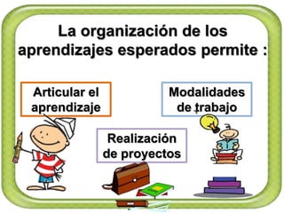 La organización de los
aprendizajes esperados permite :
Articular el
aprendizaje
Realización
de proyectos
Modalidades
de trabajo
 
