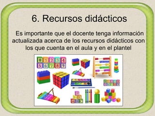 6. Recursos didácticos
Es importante que el docente tenga información
actualizada acerca de los recursos didácticos con
los que cuenta en el aula y en el plantel
 
