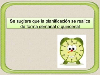 Se sugiere que la planificación se realice
de forma semanal o quincenal
 