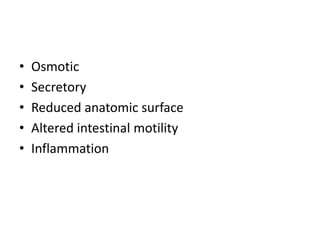 • Osmotic
• Secretory
• Reduced anatomic surface
• Altered intestinal motility
• Inflammation
 