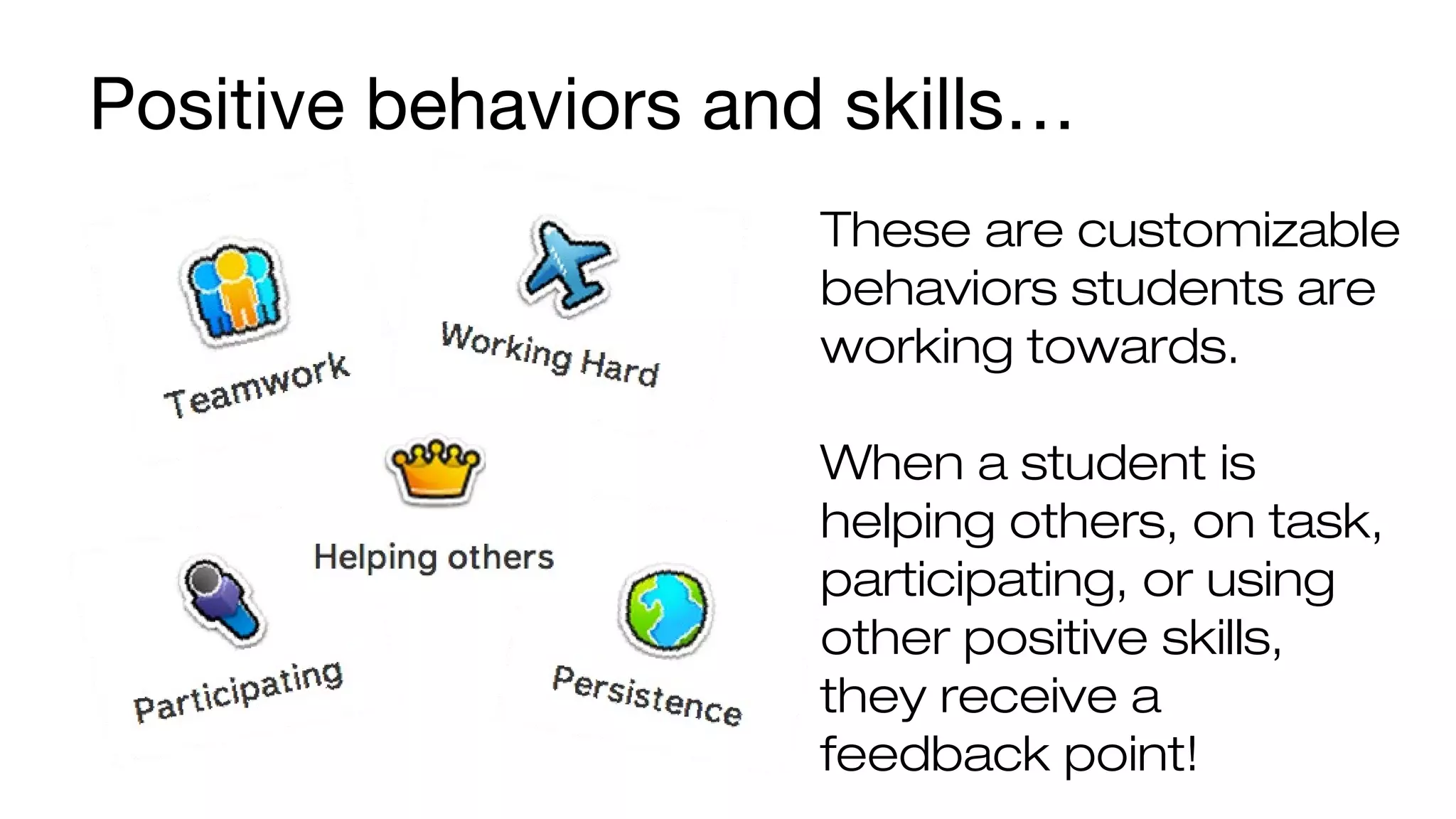 Positive behaviors and skills… 
These are customizable 
behaviors students are 
working towards. 
When a student is 
helping others, on task, 
participating, or using 
other positive skills, 
they receive a 
feedback point! 
 