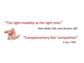 “The right modality at the right time.”
Peter Blake, MD, John Burkart, MD
“Complementary Not Competitive”
Coles 1998
 