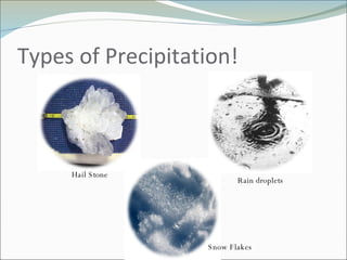 Types of Precipitation! Hail Stone Snow Flakes Rain droplets 
