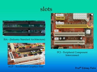 slots



ISA - (Industry Standard Architecture)




                                         PCI - Peripheral Component
                                                 Interconnect



    AGP - Accelerated Graphics Port
                                                        Profº Ediney Felix
 