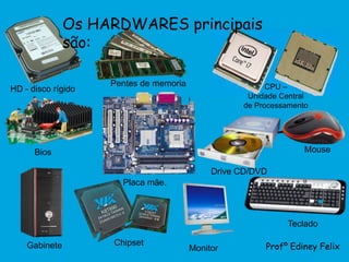 Os HARDWARES principais
               são:

                    Pentes de memoria                    CPU –
HD - disco rígido
                                                    Unidade Central
                                                   de Processamento




      Bios                                                        Mouse

                                             Drive CD/DVD
                      Placa mãe.



                                                             Teclado

    Gabinete        Chipset                             Profº Ediney Felix
                                        Monitor
 
