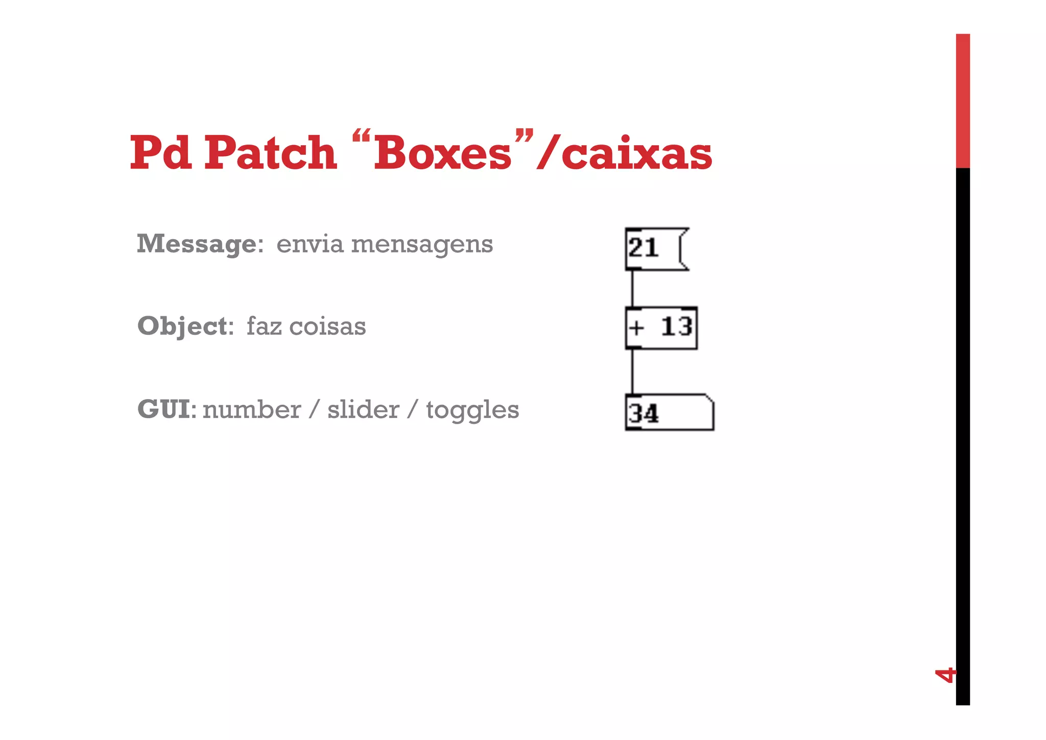 Pd Patch “Boxes”/caixas
Message: envia mensagens
Object: faz coisas

4

GUI: number / slider / toggles

 