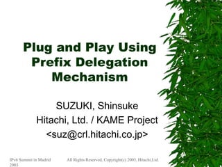 IPv6 Summit in Madrid
2003
All Rights Reserved, Copyright(c) 2003, Hitachi,Ltd.
Plug and Play Using
Prefix Delegation
Mechanism
SUZUKI, Shinsuke
Hitachi, Ltd. / KAME Project
<suz@crl.hitachi.co.jp>
 