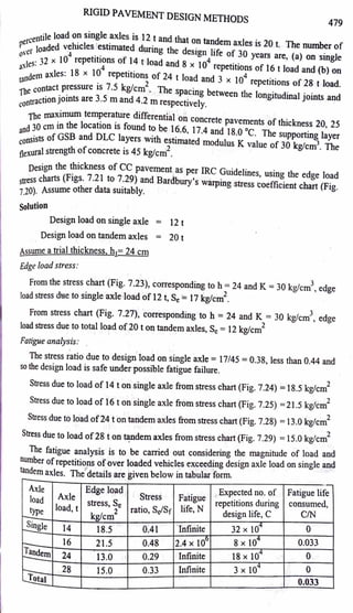RIGID PAVEMENT DESIGN METHODS
479
ercentile load
0
~ sin~le _axles is 12 _
t and that on tandem axles is 20 t._ The number of
P·er loaded v_
e
4hicles e
stl
rnated dunng the design life of 30 years are (a) on single
0'° · · f 4 '
xtes: 32 x lO repetitions
O 14 t load and 8 x 10 repetitions of 16 t load and (b) on
:;ndent axles: I
8
x
104
repetitio~ of 24 I load and 3 x 104 repetitions of 28 t load.
'[be contact_ p~essure is
7
-
5 kg/cm • The spacing between the longitudinal joints and
contractionJomts are 3.5 m and 4.2 m respectively.
The maximum tem~era~e differential on concrete pavements of thickness 20, 25
and 30 cm in the location 1s found t? be 1~-6, 17.4 and 18.0 °c. The supporting layer
consists of GSB a
nd
DLC layers with ~timated modulus K value of 30 kg/cm3• The
flexural strength ofconcrete is 45 kg/cm .
Design the ~ickness of CC pavement as per IRC Guidelines, using the edge load
stress charts (Figs. 7.21 to 7.29) and Bardbury's warping stress coefficient chart (Fig.
7.20). Assume other data suitably.
Solution
Design load on single axle = 12 t
Design load on tandem axles = 20 t
Assume a trial thickness, h1= 24 cm
Edge load stress:
From the stress chart (Fig. 7.23}, corresponding to h = 24 and K = 30 kg/cm3, edge
load stress dtte to single axle load of12 t, Se= 17 kg/cm2.
From stress chart (Fig. 7.27}, corresponding to h = 24 and K = 30 kg/cm3, edge
2
load stress due to total load of20 ton tandem axles, Se= 12 kg/cm
Fatigue analysis: .
The stress ratio due to design load on single axle= l7/45 = 0.38, less than 0.44 and
so the design load is safe under possible fatigue failure.
Stress due to load of 14 ton single axle from stress chart (Fig. 7.24) = 18.5 kg/cm2
Stress due to load of 16 ton single axle from stress chart (Fig. 7.25) =21.5 kg/cm2
Stress due to load of24 ton tandem axles from stress chart (Fig. 7.28) =13.0 kg/cm2
Stress due to load of28 ton t~dem axles from stress chart (Fig. 7.29) =15.0 kg/cm2
The fatigue analysis is to be carried out considering t~e magnitude of !oad and
number ofrepetitions ofover loaded vehicles exceeding design axle load on smgle and
tandem axles. The
11
details are given below in tabular form.
Axle Edge load
Stress Fatigue
Expected no. of Fatigue life
load Axle
stress, Se repetitions during consumed,
tyPe load, t 2 ratio, Se/Sr life, N
design life, C CIN
- kg/cm
_Single 14 18.5 0.41 'Infinite 32 X 10
4
0
,o
8 X 10
4
0.033
- 16 21.5 0.48 2.4 X lQ
Tandem 24 13.0 0.29 Infinite 18 X 10
4
0
- 3 X 10
4
28 15.0 0.33 Infinite 0
--
Total 0.033
 