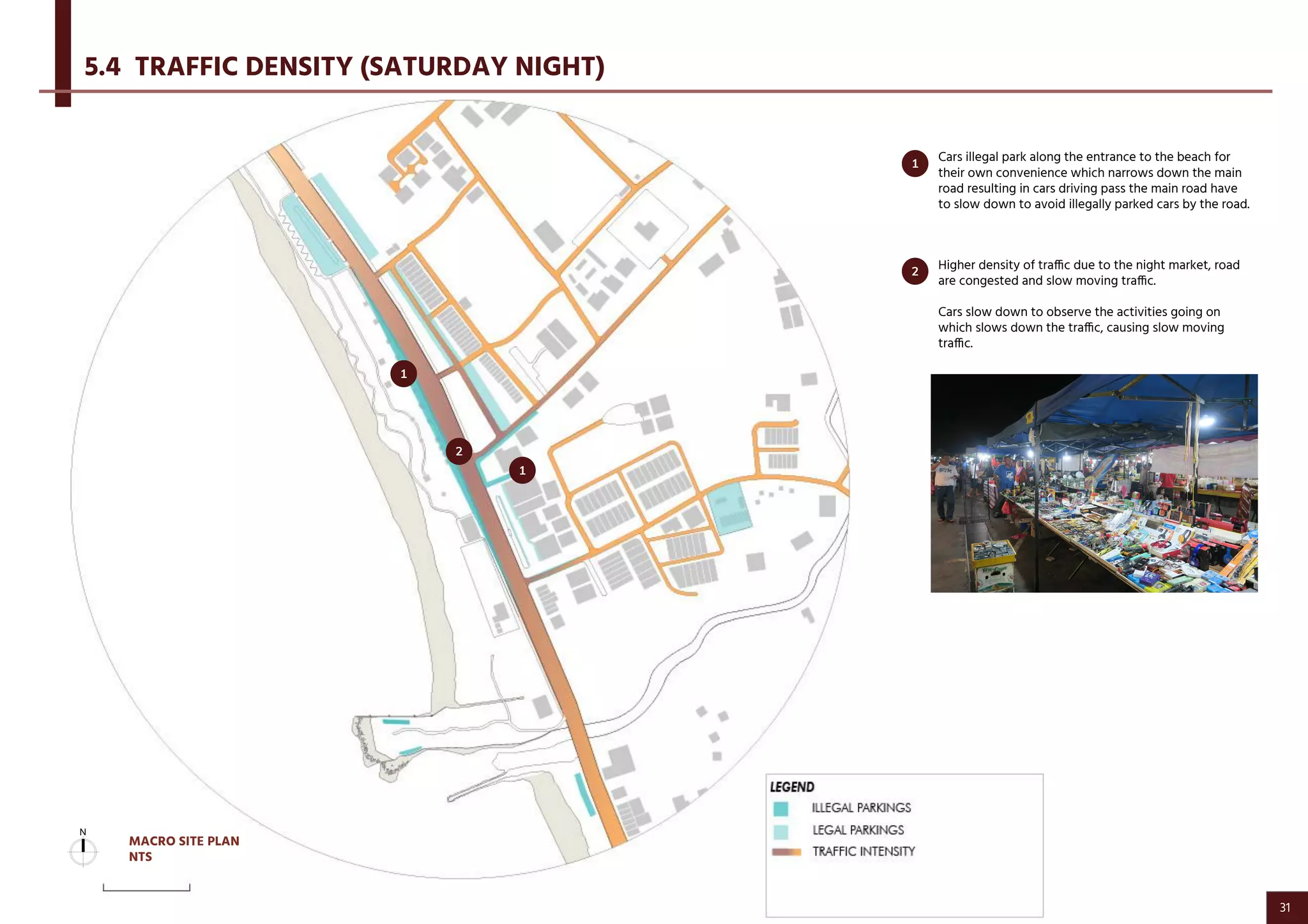 Higher density of traffic due to the night market, road
are congested and slow moving traffic.
Cars slow down to observe the activities going on
which slows down the traffic, causing slow moving
traffic.
Cars illegal park along the entrance to the beach for
their own convenience which narrows down the main
road resulting in cars driving pass the main road have
to slow down to avoid illegally parked cars by the road.
5.4 TRAFFIC DENSITY (SATURDAY NIGHT)
1
2
2
1
1
MACRO SITE PLAN
NTS
31
 