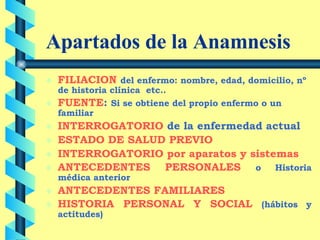 Apartados de la Anamnesis FILIACION   del enfermo: nombre, edad, domicilio, nº de historia clínica  etc.. FUENTE :  Si se obtiene del propio enfermo o un familiar INTERROGATORIO  de la enfermedad actual ESTADO DE SALUD PREVIO INTERROGATORIO por aparatos y sistemas ANTECEDENTES PERSONALES   o Historia médica anterior ANTECEDENTES FAMILIARES HISTORIA PERSONAL Y SOCIAL   (hábitos y actitudes) 