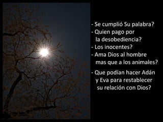 - Se cumplió Su palabra?
- Quien pago por
la desobediencia?
- Los inocentes?
- Ama Dios al hombre
mas que a los animales?
- Que podían hacer Adán
y Eva para restablecer
su relación con Dios?
 