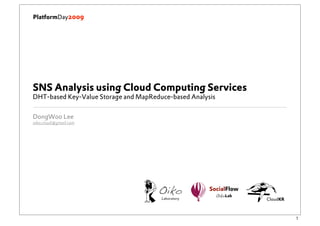 PlatformDay2009




SNS Analysis using Cloud Computing Services
DHT-based Key-Value Storage and MapReduce-based Analysis

DongWoo Lee
oiko.cloud@gmail.com




                                 S    Oiko
                                       Laboratory
                                                    D   SocialFlow
                                                           OikoLab   2
                                                                     CloudKR
 