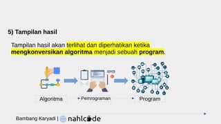 5) Tampilan hasil
Tampilan hasil akan terlihat dan diperhatikan ketika
mengkonversikan algoritma menjadi sebuah program.
Bambang Karyadi |
Pemrograman Program
Algoritma
 