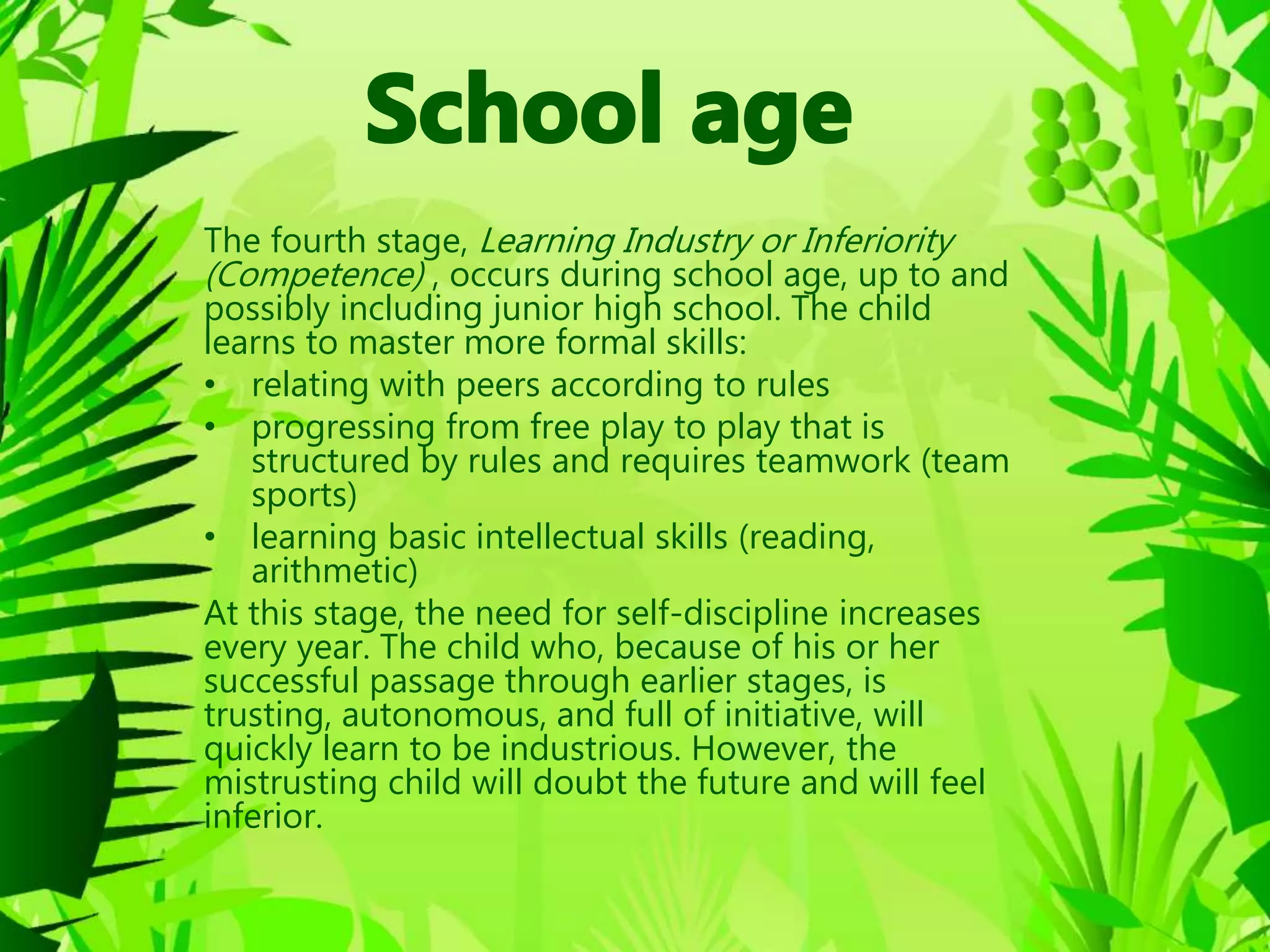 The fourth stage, Learning Industry or Inferiority
(Competence) , occurs during school age, up to and
possibly including junior high school. The child
learns to master more formal skills:
• relating with peers according to rules
• progressing from free play to play that is
structured by rules and requires teamwork (team
sports)
• learning basic intellectual skills (reading,
arithmetic)
At this stage, the need for self-discipline increases
every year. The child who, because of his or her
successful passage through earlier stages, is
trusting, autonomous, and full of initiative, will
quickly learn to be industrious. However, the
mistrusting child will doubt the future and will feel
inferior.
 